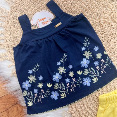 Conj. Bata Floral e Short em Moletinho - Marinho e Amarelo02